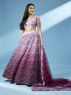 House of Panchhi Women Lavender Net Zig-Zag Embroideried Lehenga, Blouse & Dupatta | Grocsy