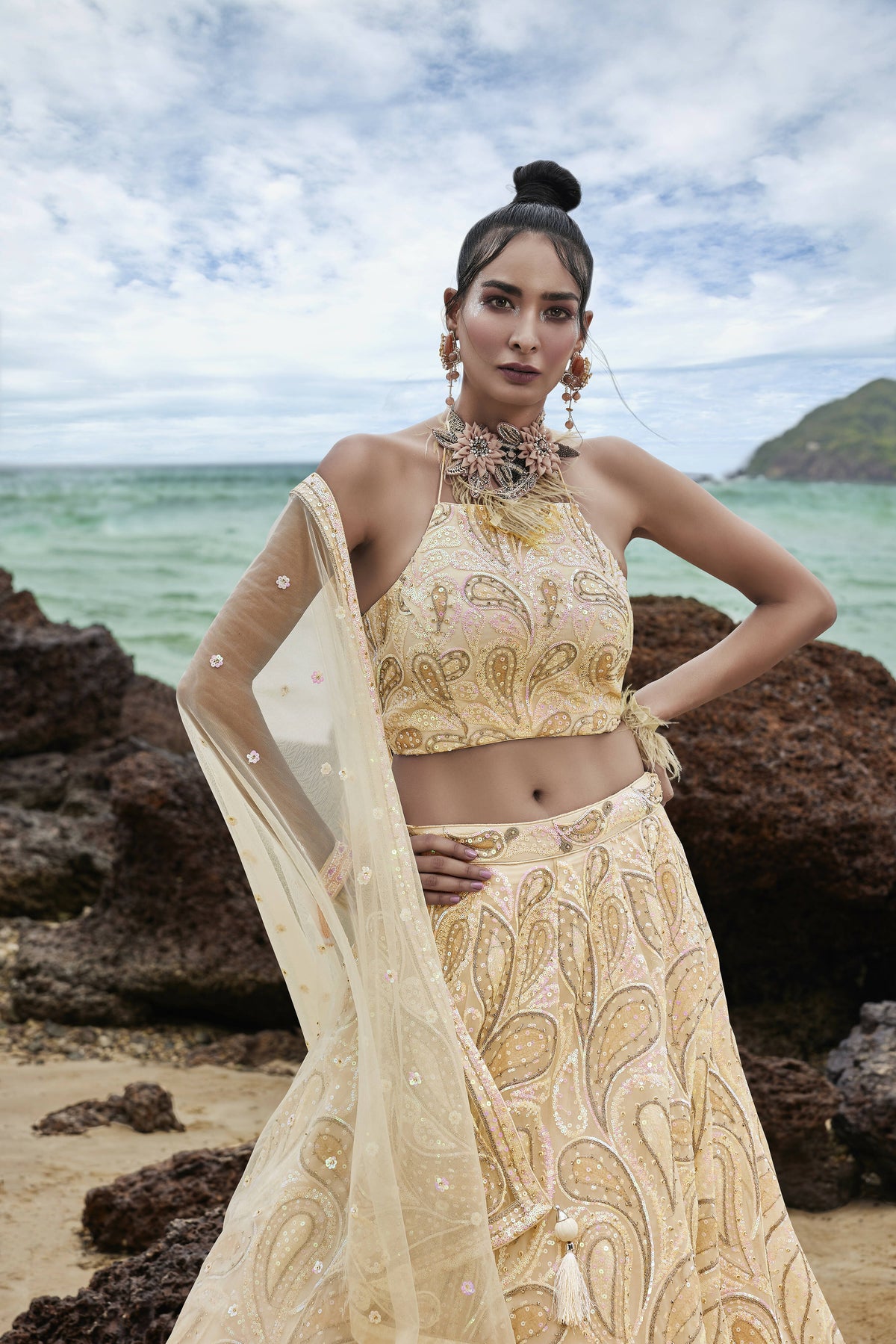 House of Panchhi Cream Net Multi Sequins with heavy Zarkan embroidery Lehenga choli & Dupatta | Grocsy