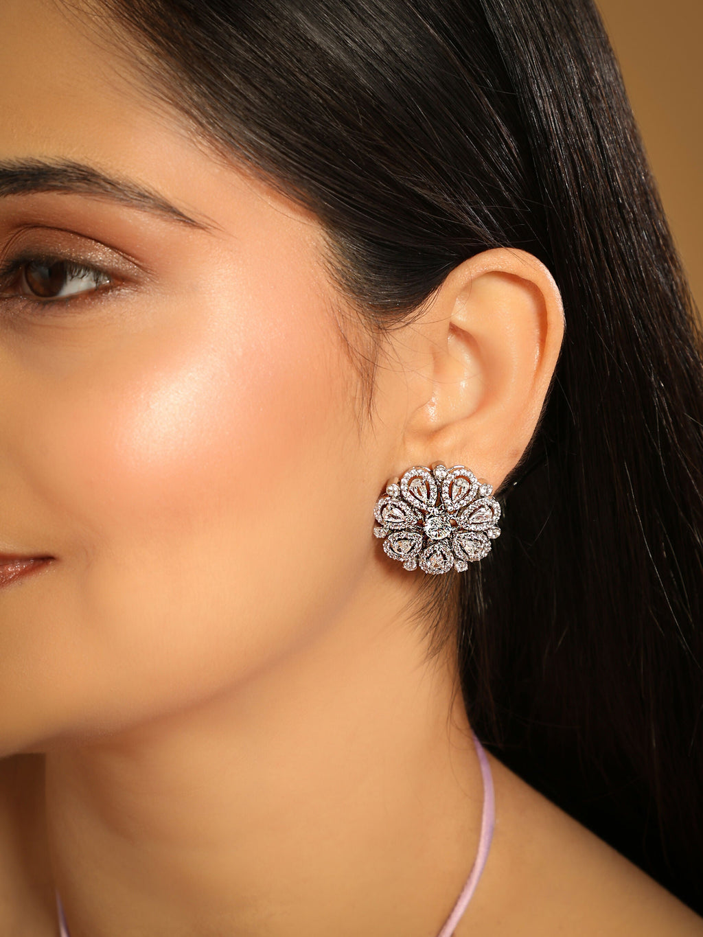 Nuyug Rhodium-Plated Zircon Studded Floral Statement Stud Earrings | Grocsy