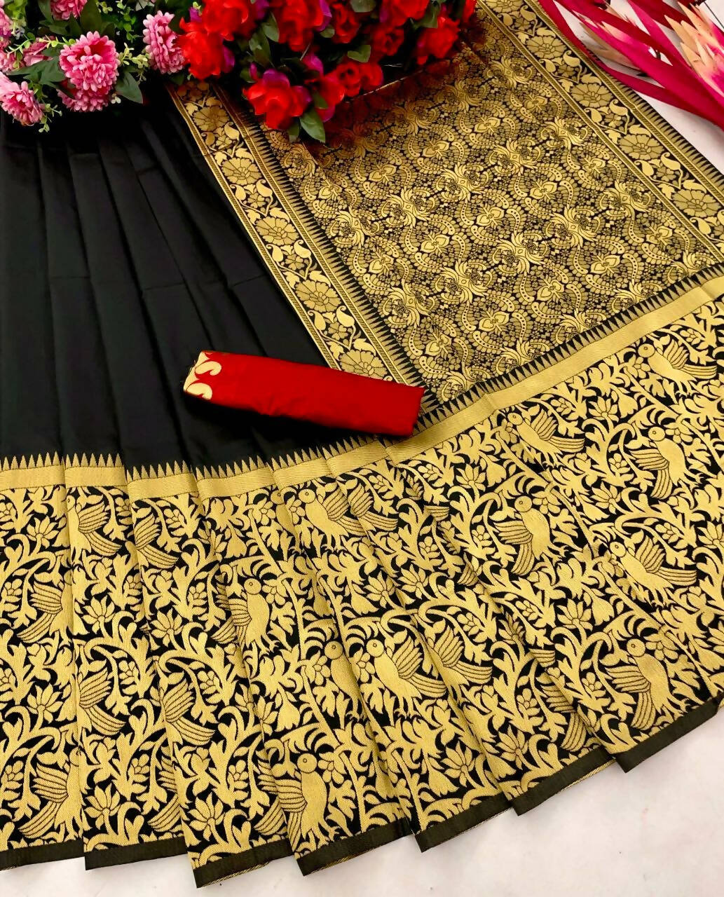 DEIANA'S Beautiful Designer Golden zari Soft Lichi Silk Saree - Black | Grocsy