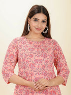 Aramya Pink Soft Cotton Floral Print A-line Kurta Set for Women | Grocsy