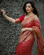 DEIANA'S Beautiful Designer Golden zari Soft Lichi Silk Saree - Red | Grocsy
