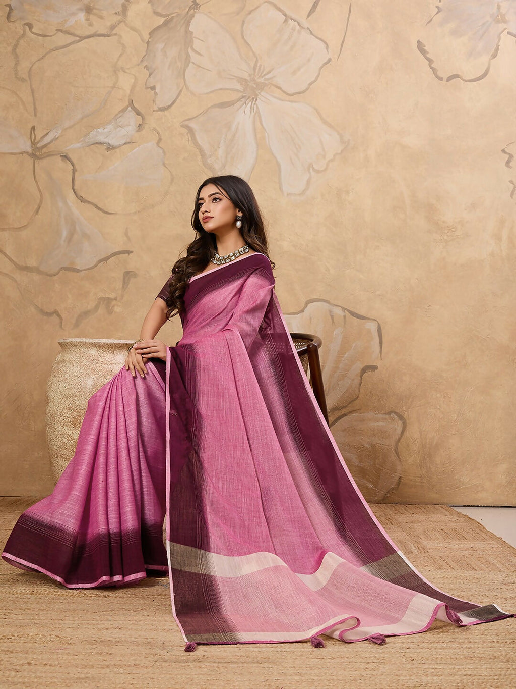 Shree Shyam Fashion Rani Pink Linen Saree | Grocsy