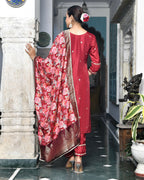 Vaasva Women's Silk Emboidered Solid Pant Set & Digital Printed Dupatta | Grocsy