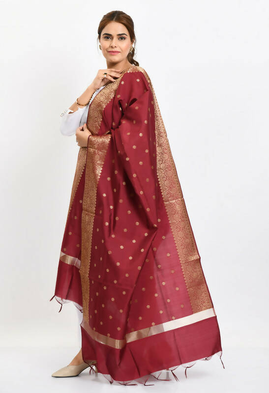 Mominos Fashion Moeza Women's Banarsi Silk Woven Design Maroon Dupatta | Grocsy
