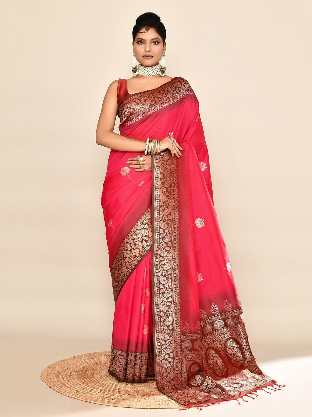 Joban Fashion Rani Pink & Bottle Green Plain With Weaving Border Banarasi Silk Sarees | Grocsy