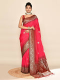Joban Fashion Rani Pink & Bottle Green Plain With Weaving Border Banarasi Silk Sarees | Grocsy