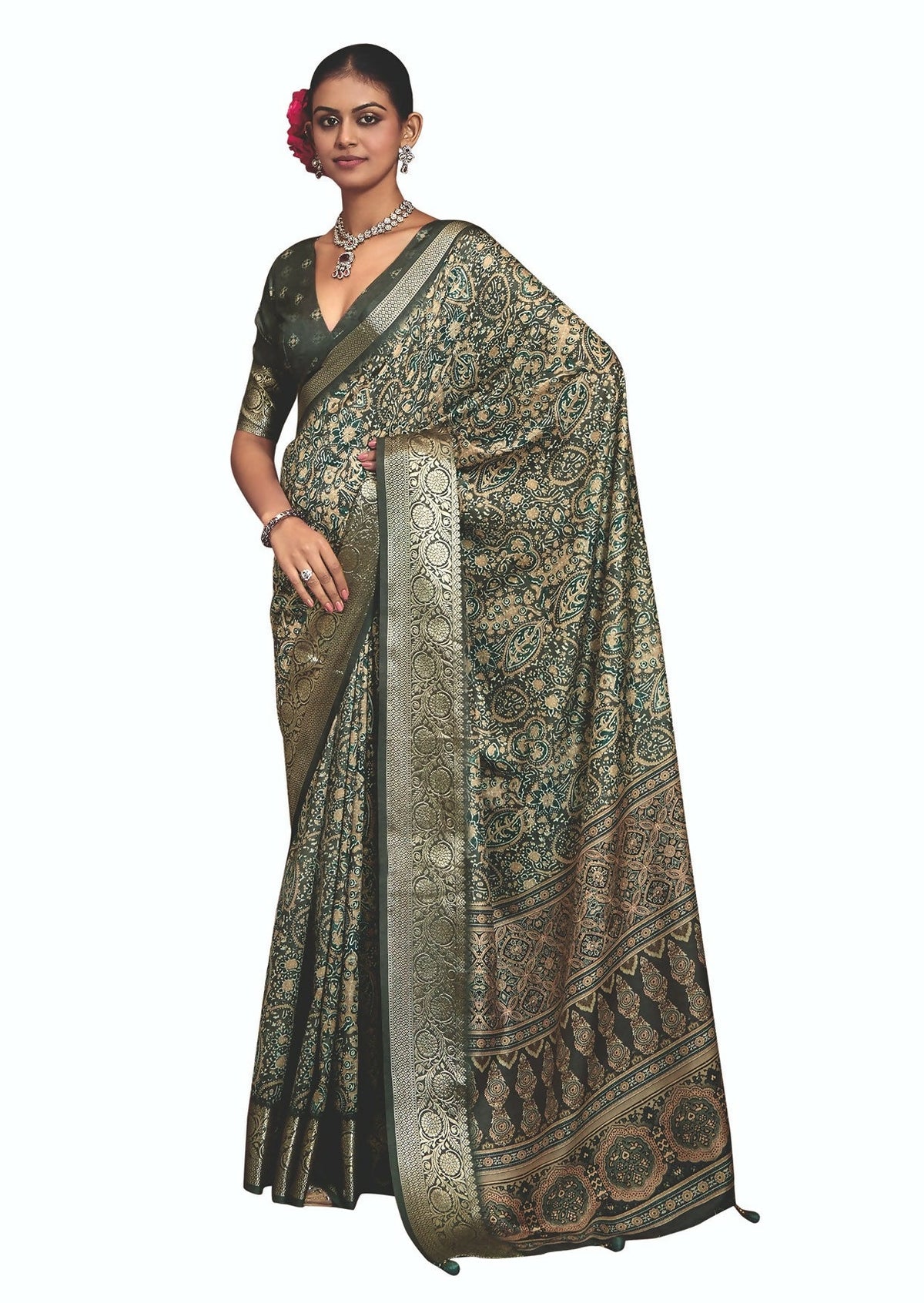 Joban Fashion Green Art Silk With Fine Viscose Border Ajrak Full Body Print With Soft Finish Saree | Grocsy