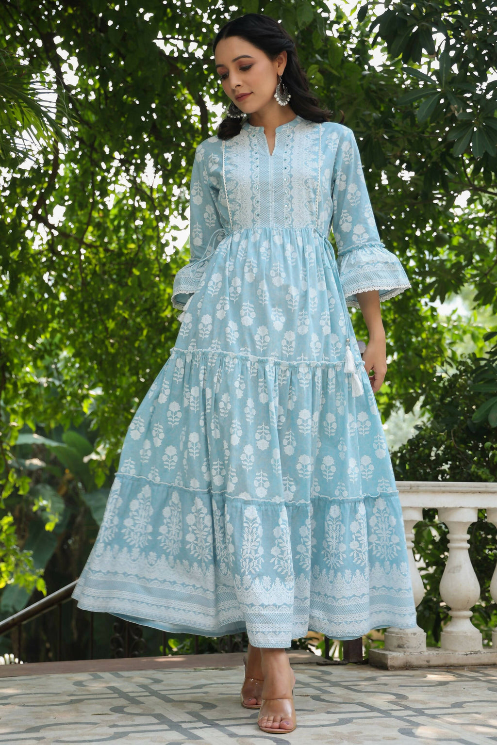 Juniper Women's Skyblue Cambric Floral Printed Maxi Tiered Dress | Grocsy