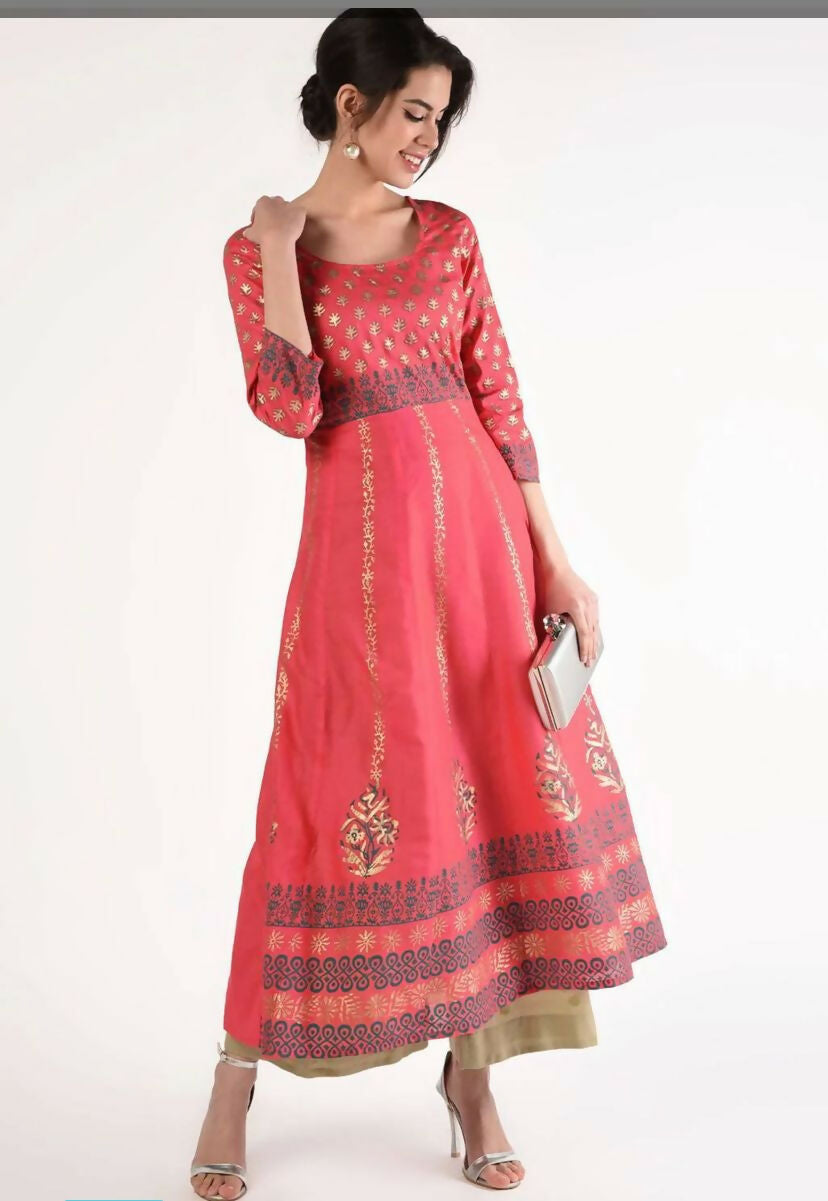 Cheera Women Stylish Hand Block Printed Cotton Blend Flared Kurta - Peach | Grocsy