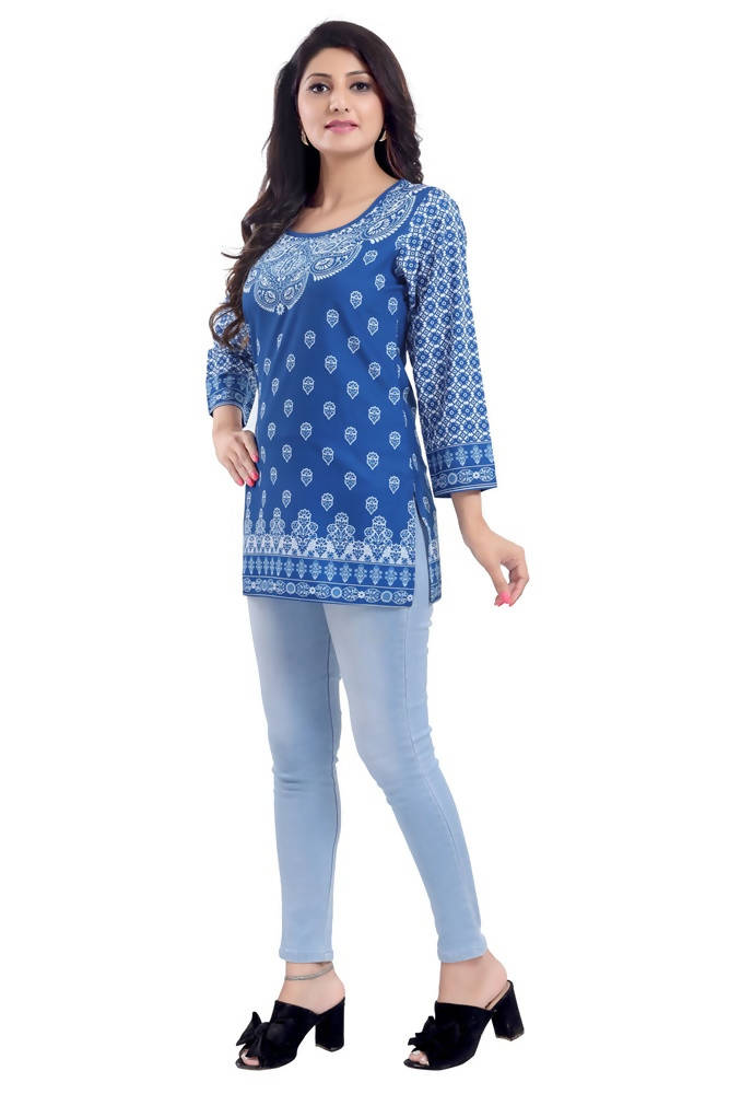 Snehal Creations Royal Blue Faux Crepe Short Kurti Tunic Top | Grocsy