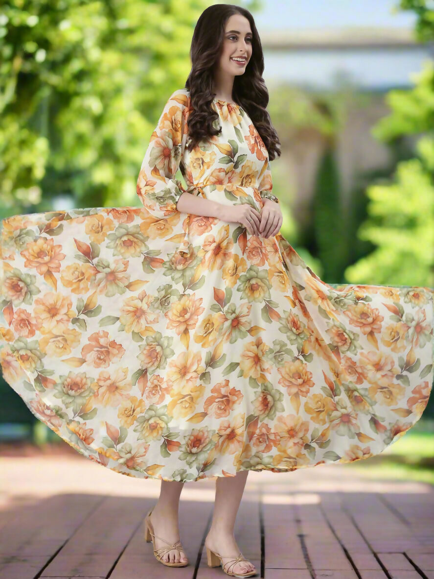 Souchii Cream Floral Chiffon Dress | Grocsy