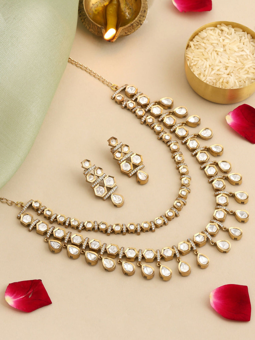 Ruby Raang 3-Layered Neck Piece With Earrings | Grocsy