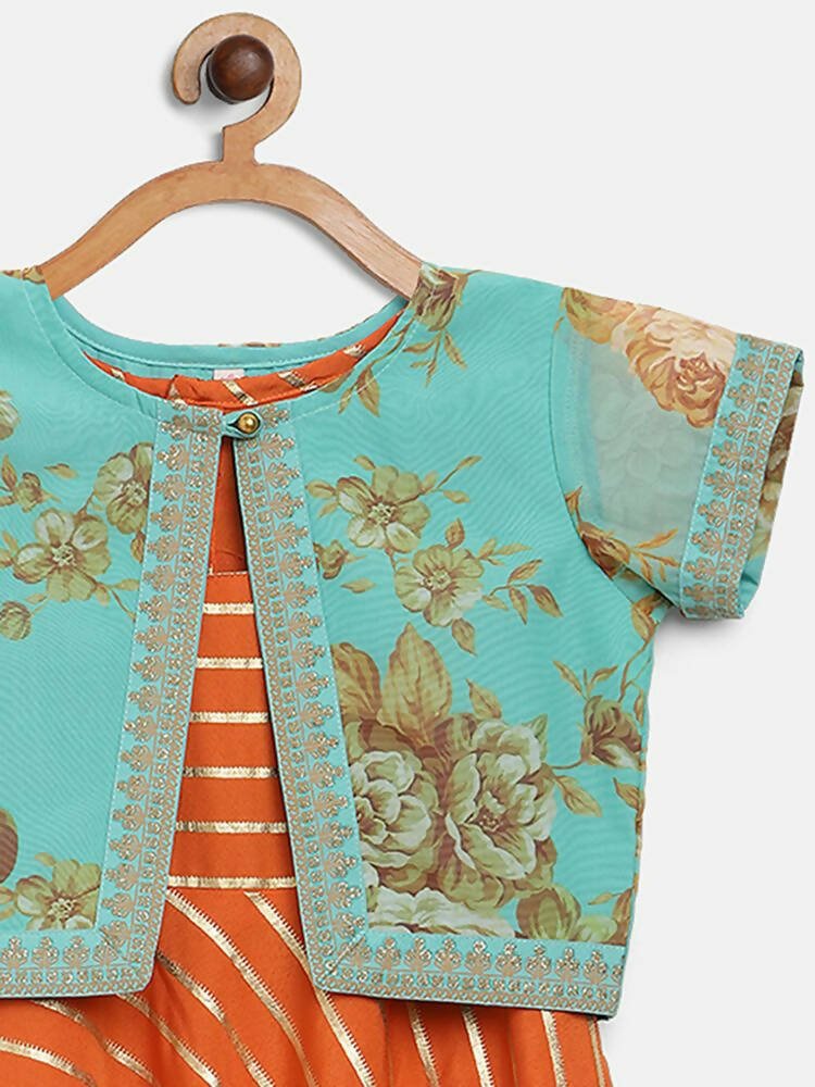 Ahalyaa Orange Crepe Gold Stripped Printed Kids Dress With Jacket For Girls | Grocsy
