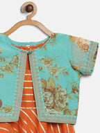 Ahalyaa Orange Crepe Gold Stripped Printed Kids Dress With Jacket For Girls | Grocsy
