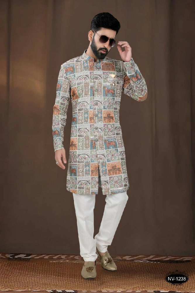 Joban Fashion Men's Base Blue(Multi Colours) Georgette Kurta with Pyjama | Grocsy