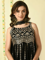Myshka Women's Black Georgette Top & Skirt With Dupatta Party Sets | Grocsy