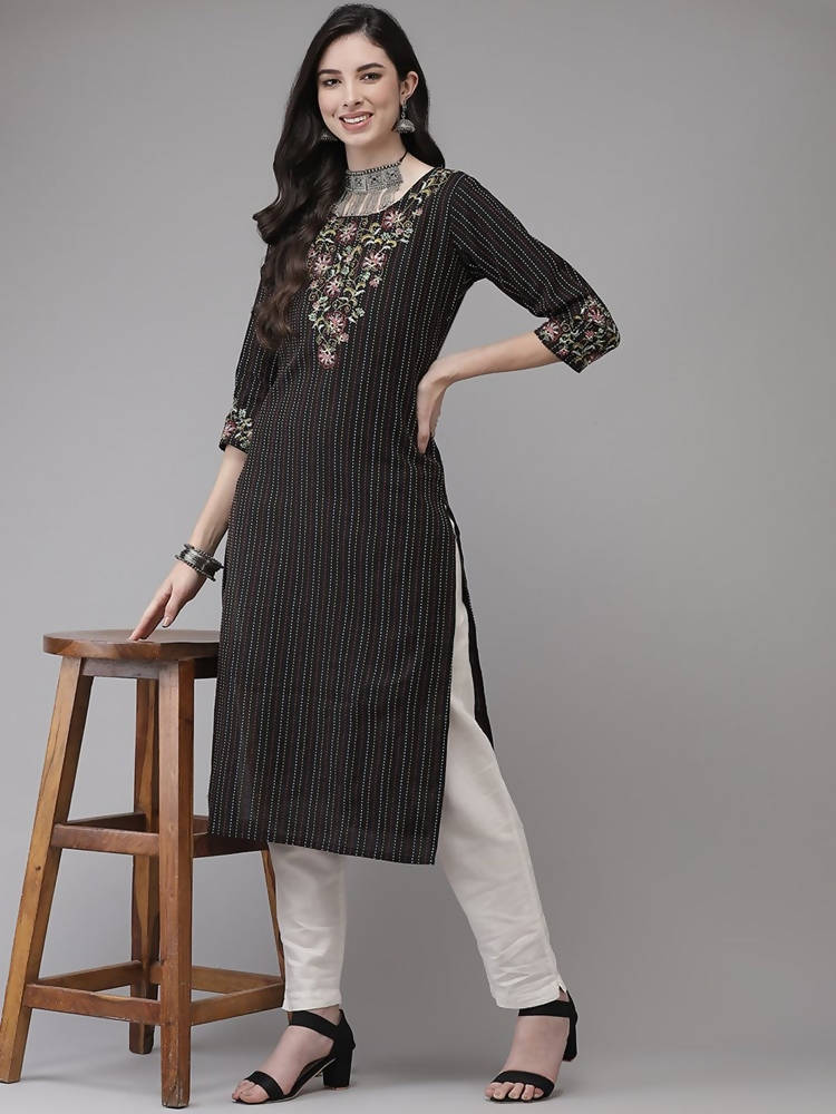 Yufta Women Black Yoke Design Kantha Work Floral Kurta | Grocsy