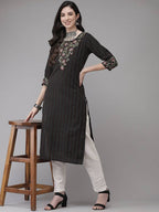 Yufta Women Black Yoke Design Kantha Work Floral Kurta | Grocsy