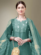 Jyoti Fashion Women's Teal Cotton Blend Embroidery & Fancy Lace work Kurta with Trouser & Dupatta | Grocsy