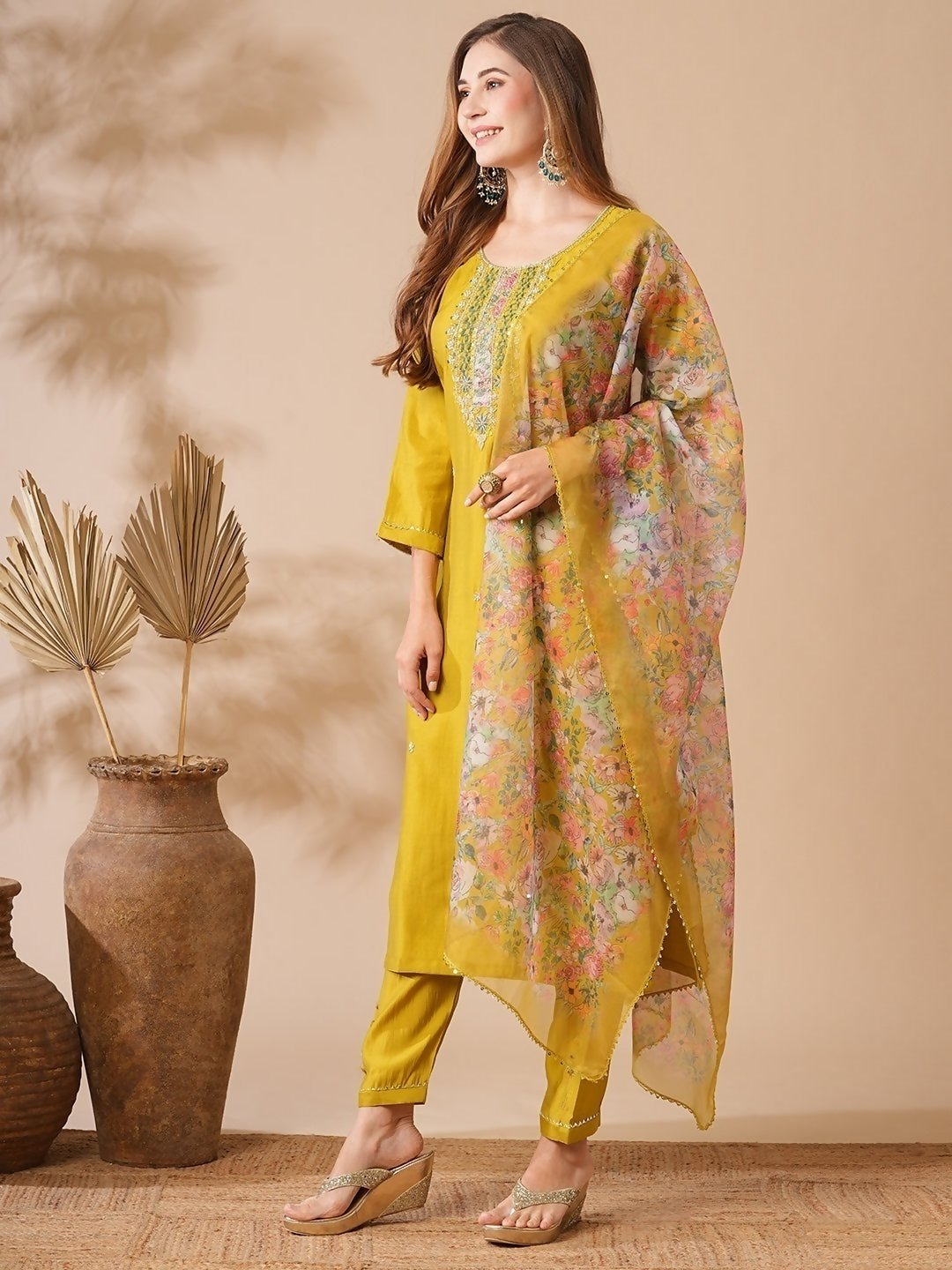 The52 Women's Beautiful Viscose Chanderi Fabric Embroidery Work Straight Kurta Pant and Dupatta Set | Grocsy