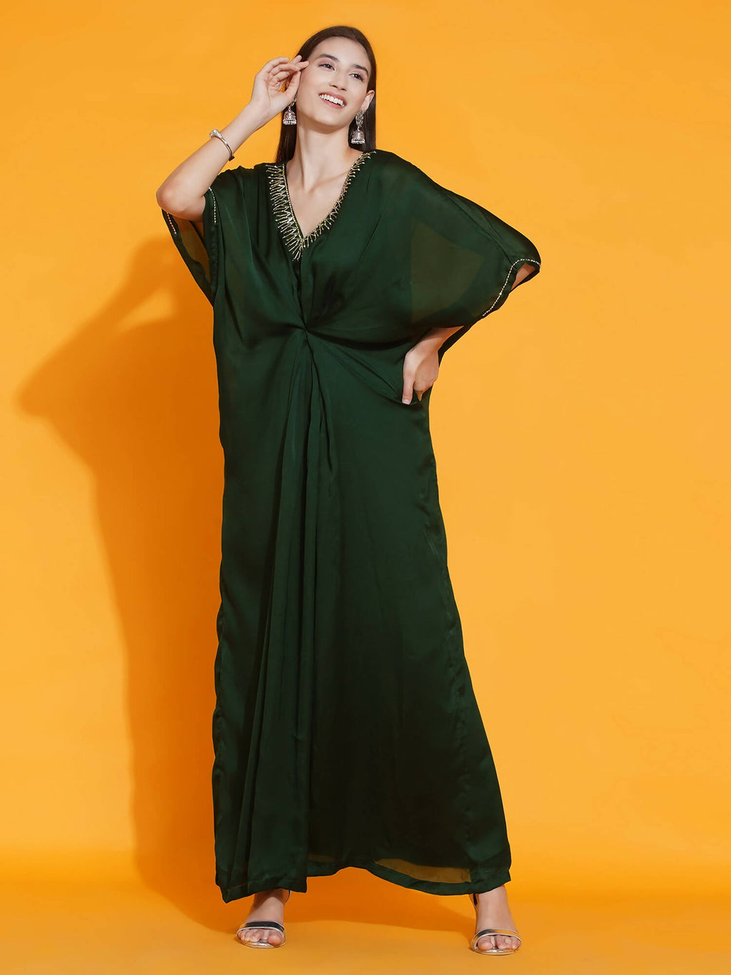 Women Republic Green Georgette Hand Embellished Kaftan Style Gown | Grocsy