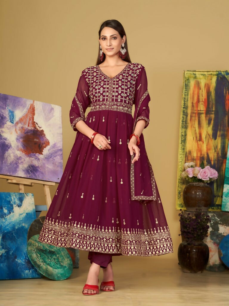 Jyoti Fashion Women's Rani Pink Georgette Embroidered Anarkali Kurta Pant Set With Dupatta | Grocsy