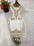Teeya Creation Womens New Trendy Stylish Fancy Embroidery Beads Work Kurta Sharara Set For Wedding Wear - White | Grocsy