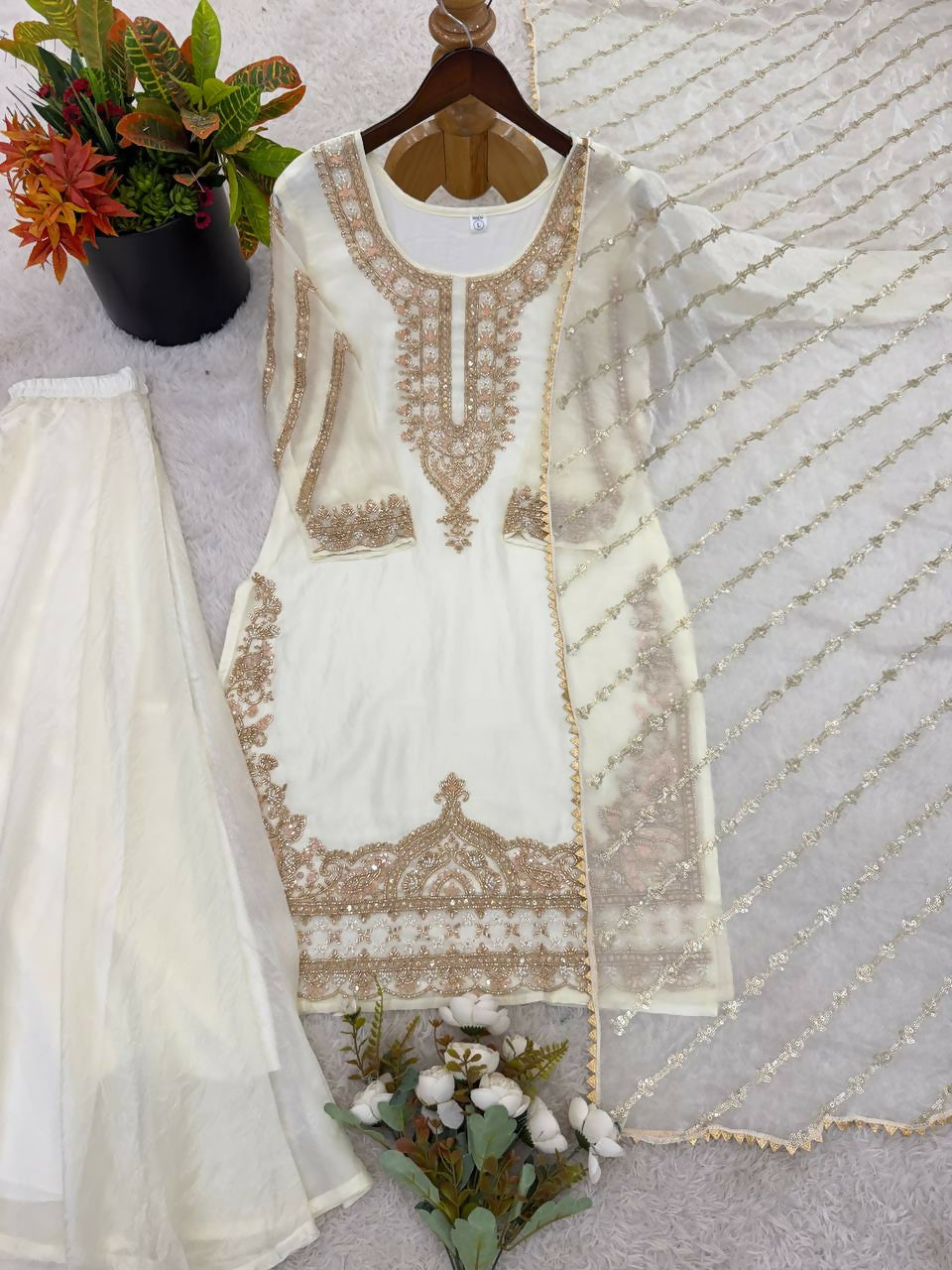 Teeya Creation Womens New Trendy Stylish Fancy Embroidery Beads Work Kurta Sharara Set For Wedding Wear - White | Grocsy