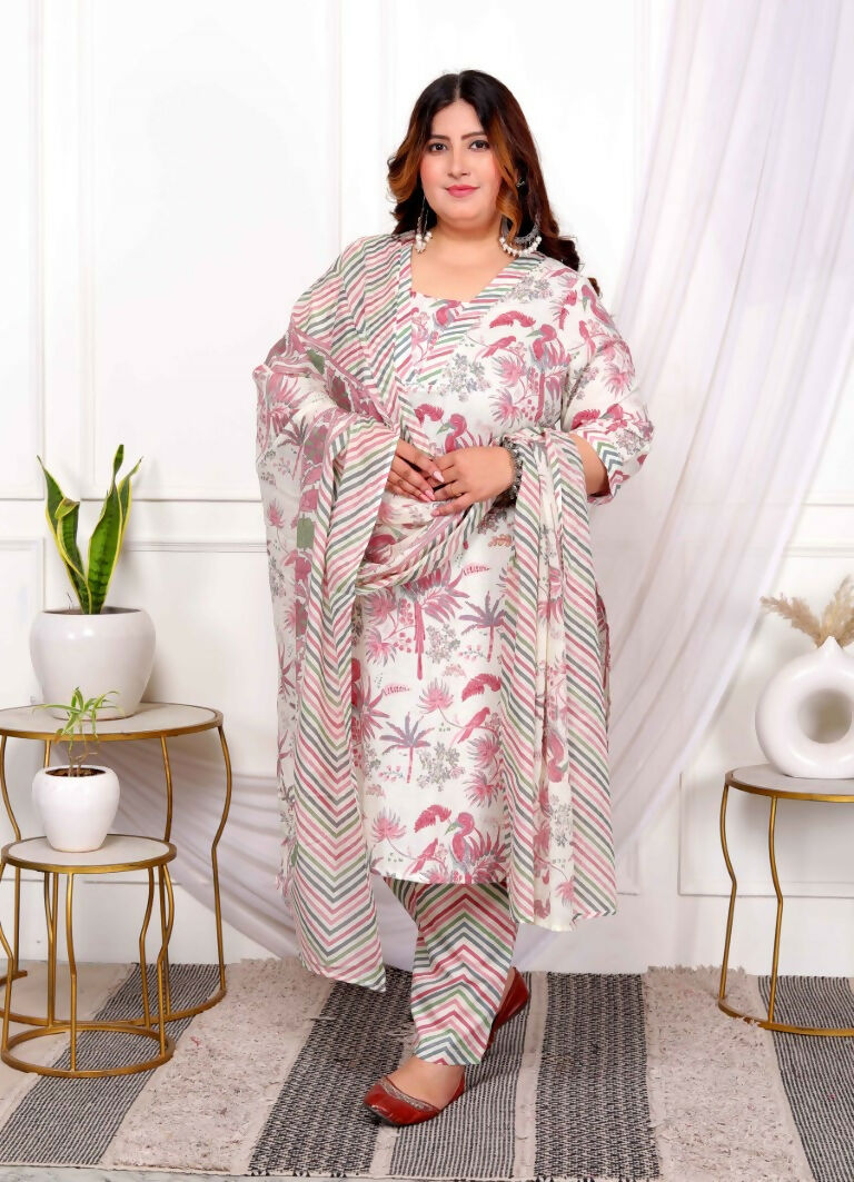 Miravan Women's Plus Size Cotton Light Pink Scenic Birds And Leaf Floral Printed Straight Pakistani Style Suit Set | Grocsy