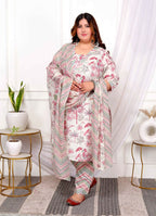Miravan Women's Plus Size Cotton Light Pink Scenic Birds And Leaf Floral Printed Straight Pakistani Style Suit Set | Grocsy