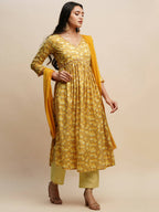Mustard Pure Cotton Floral Printed Naira Cut Kurta And Bottom With Dupatta - Akashara | Grocsy