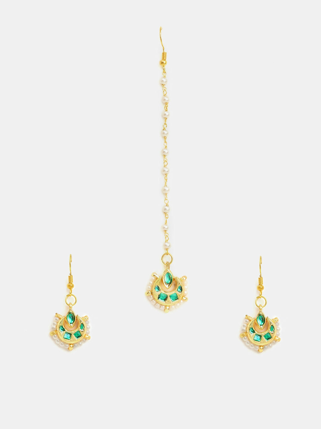 Ruby Raang Gold Green Kundan Earrings And Maang Tikka | Grocsy