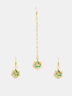 Ruby Raang Gold Green Kundan Earrings And Maang Tikka | Grocsy