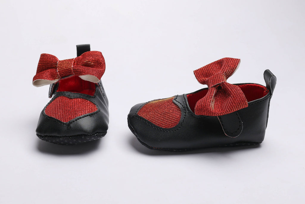 Tiny Bugs Girls Heart Bow Detailing Booties - Black & Red | Grocsy