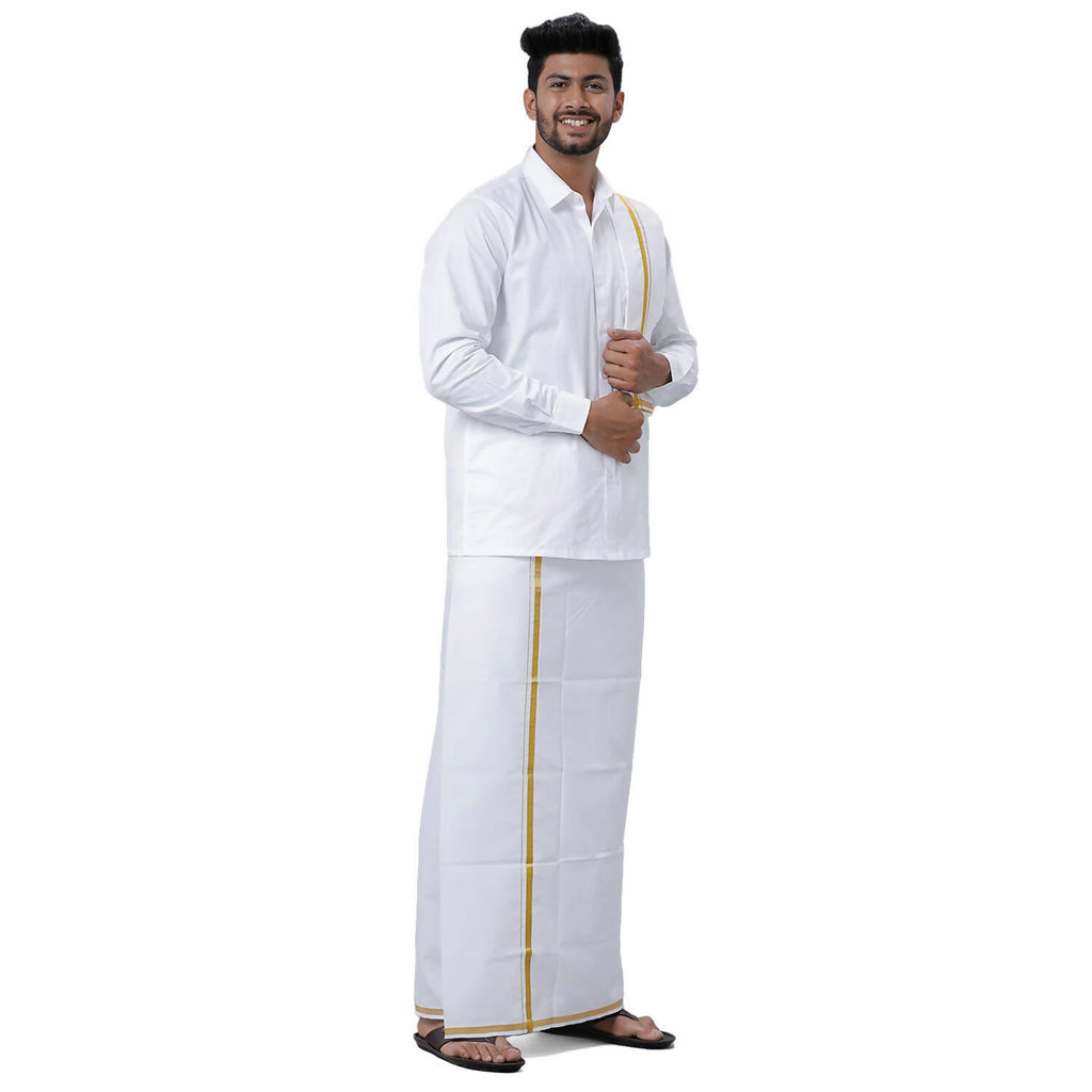 Ramraj Cotton Mens Wedding Set White Regular Dhoti, Shirt & Towel | Grocsy