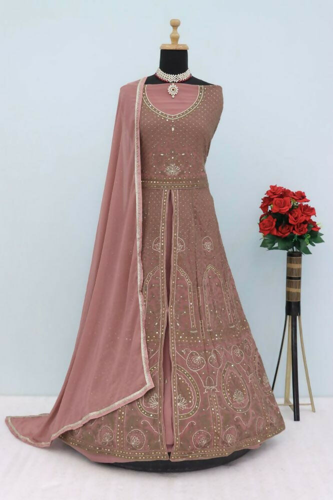 Vastranavya Peach Georgette Embroidered Sequins Work Anarkali Style A Line Suits | Grocsy