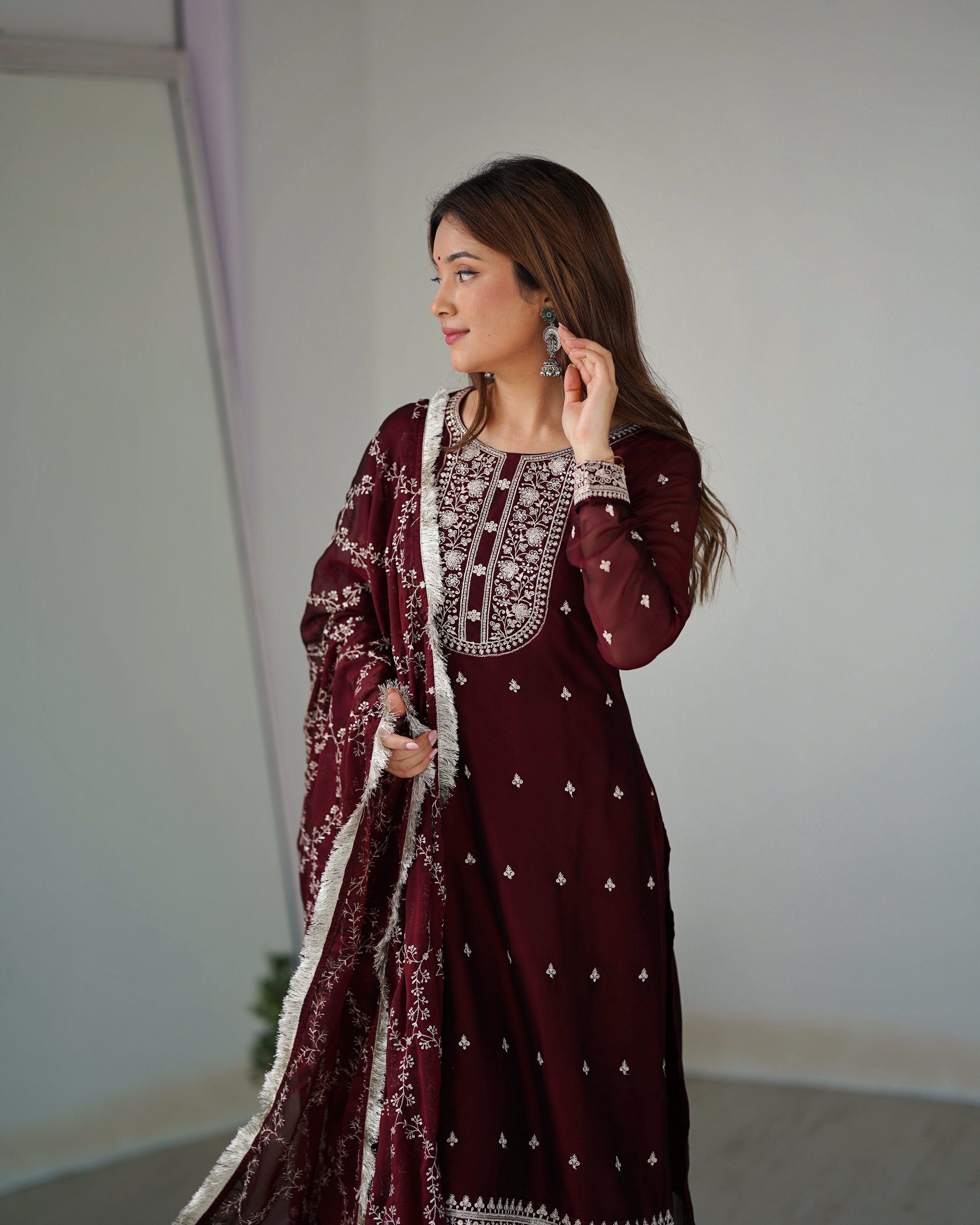 Teeya Creation Maroon Color Pure Rangoli Silk Heavy Embroidery Work Kurta Set | Grocsy