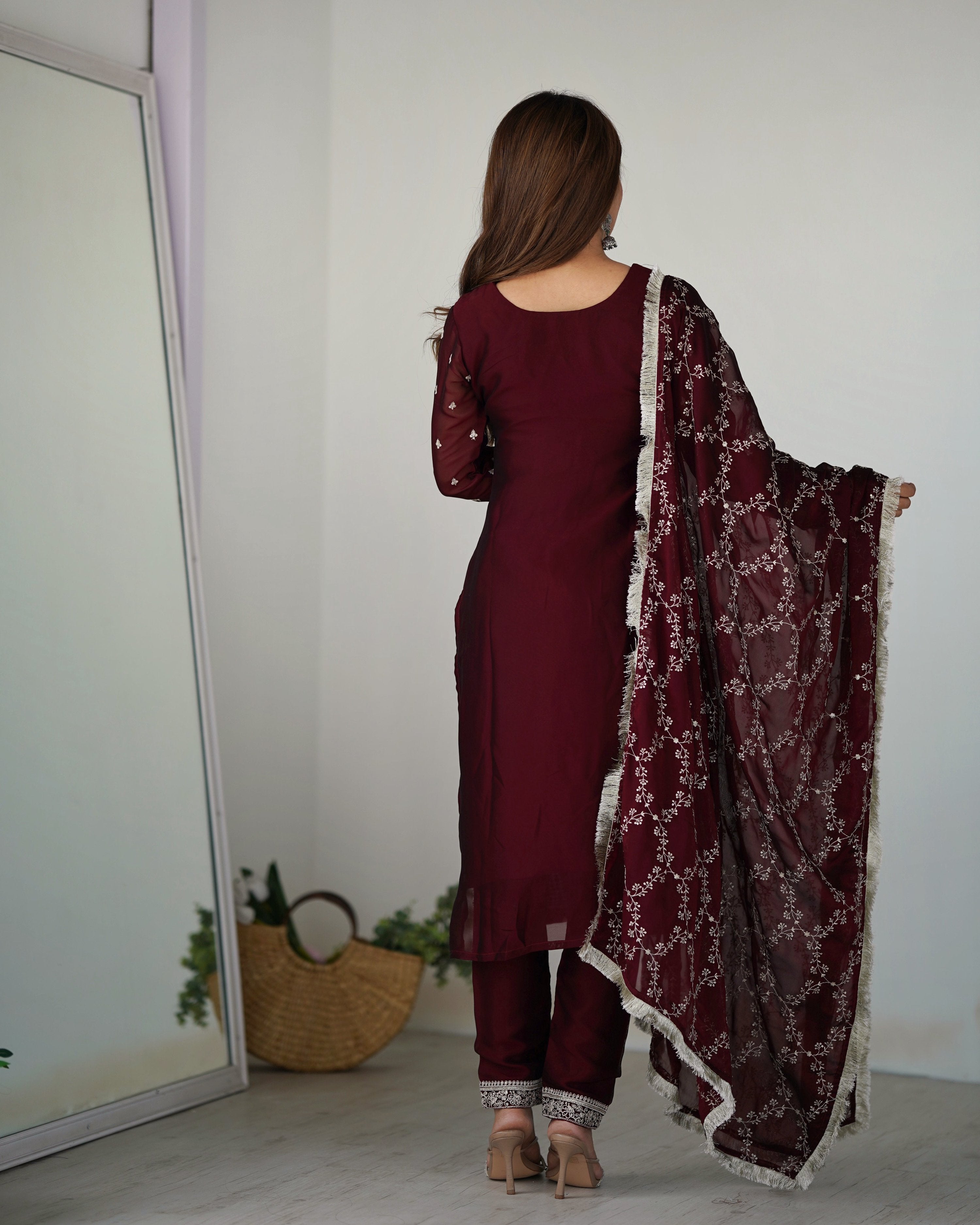 Teeya Creation Maroon Color Pure Rangoli Silk Heavy Embroidery Work Kurta Set | Grocsy