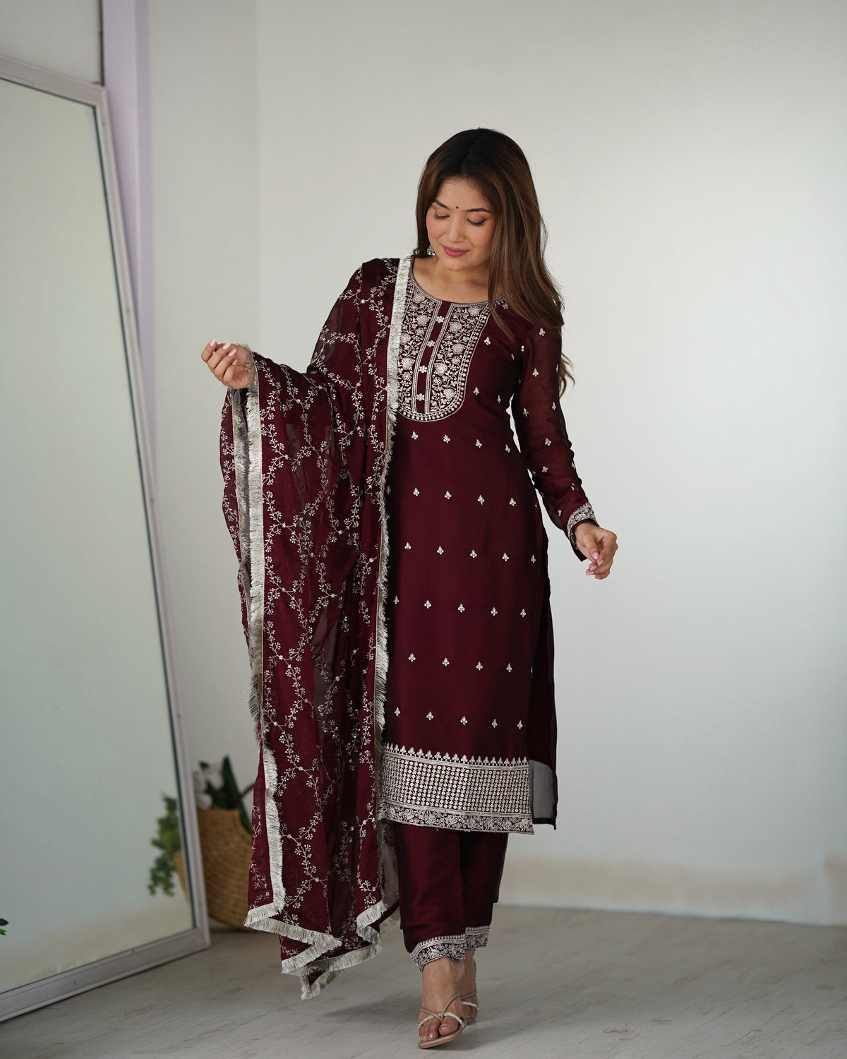 Teeya Creation Maroon Color Pure Rangoli Silk Heavy Embroidery Work Kurta Set | Grocsy