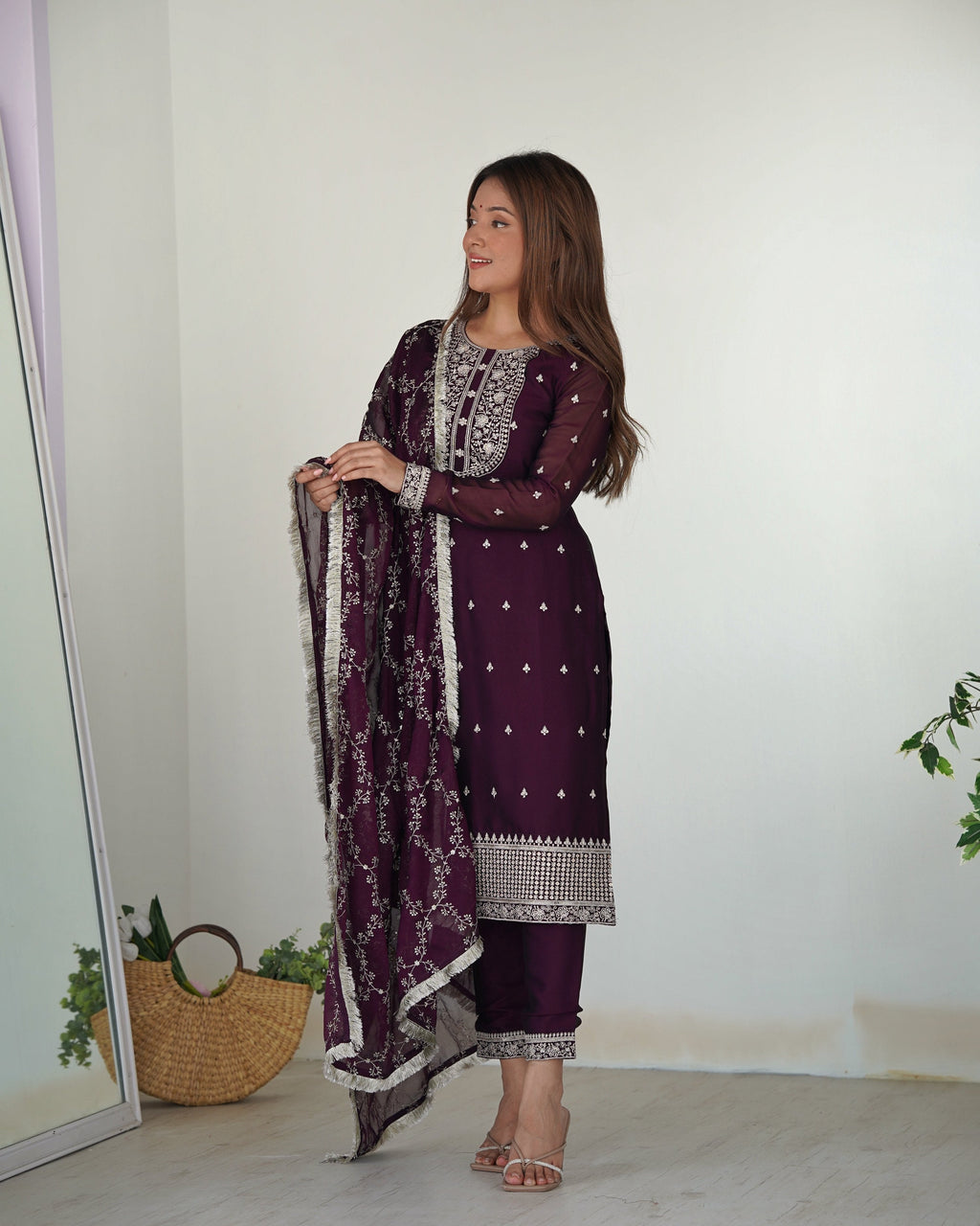 Teeya Creation Wine Color Pure Rangoli Silk Heavy Embroidery Work Kurta Set | Grocsy