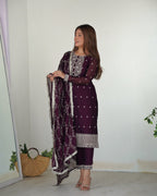 Teeya Creation Wine Color Pure Rangoli Silk Heavy Embroidery Work Kurta Set | Grocsy