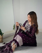 Teeya Creation Wine Color Pure Rangoli Silk Heavy Embroidery Work Kurta Set | Grocsy