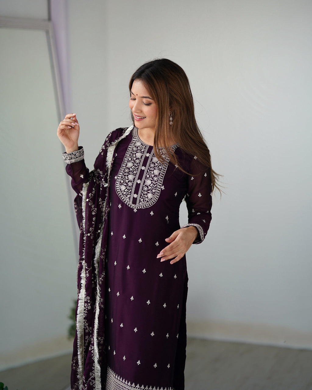 Teeya Creation Wine Color Pure Rangoli Silk Heavy Embroidery Work Kurta Set | Grocsy