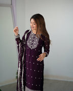 Teeya Creation Wine Color Pure Rangoli Silk Heavy Embroidery Work Kurta Set | Grocsy