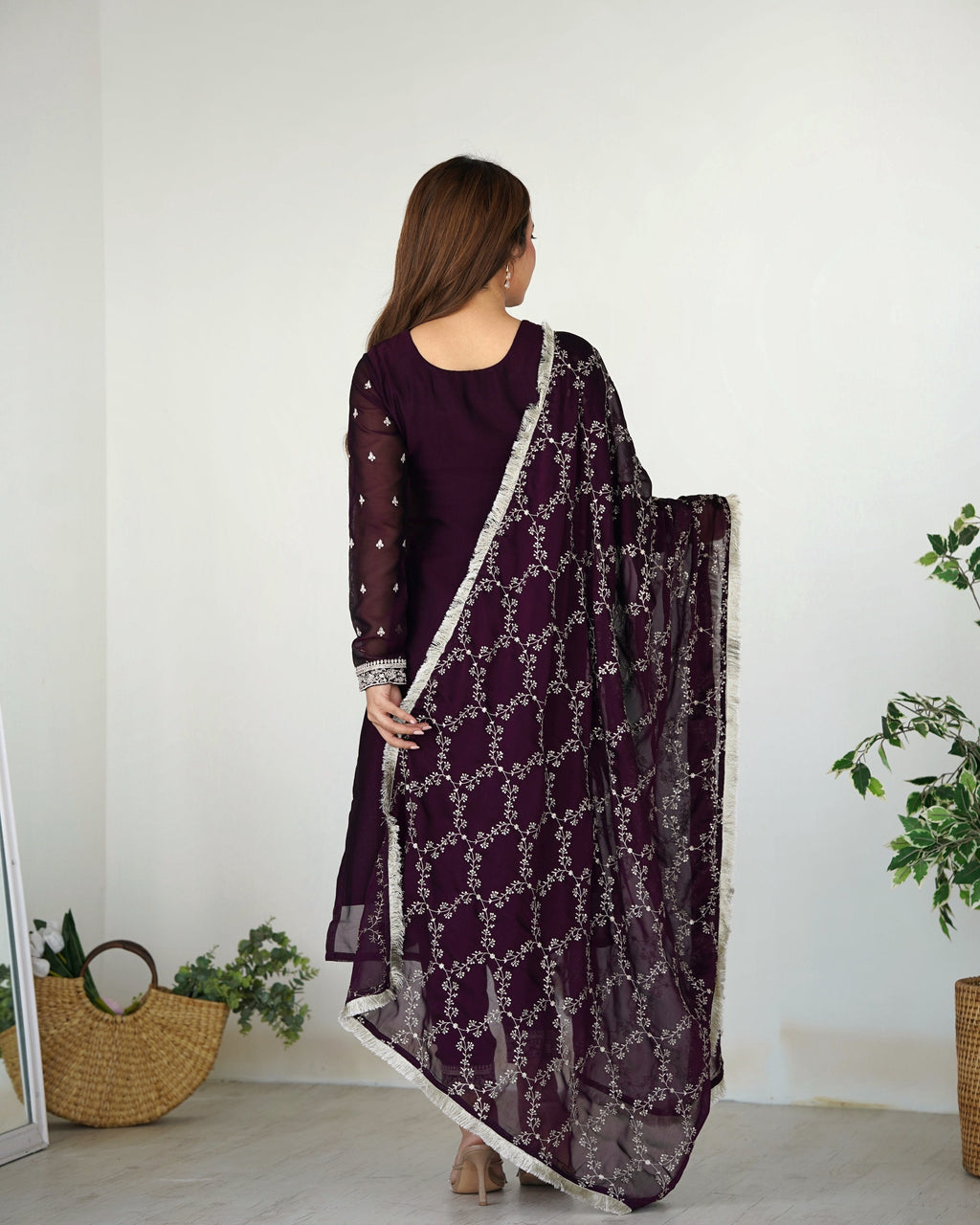 Teeya Creation Wine Color Pure Rangoli Silk Heavy Embroidery Work Kurta Set | Grocsy