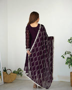 Teeya Creation Wine Color Pure Rangoli Silk Heavy Embroidery Work Kurta Set | Grocsy