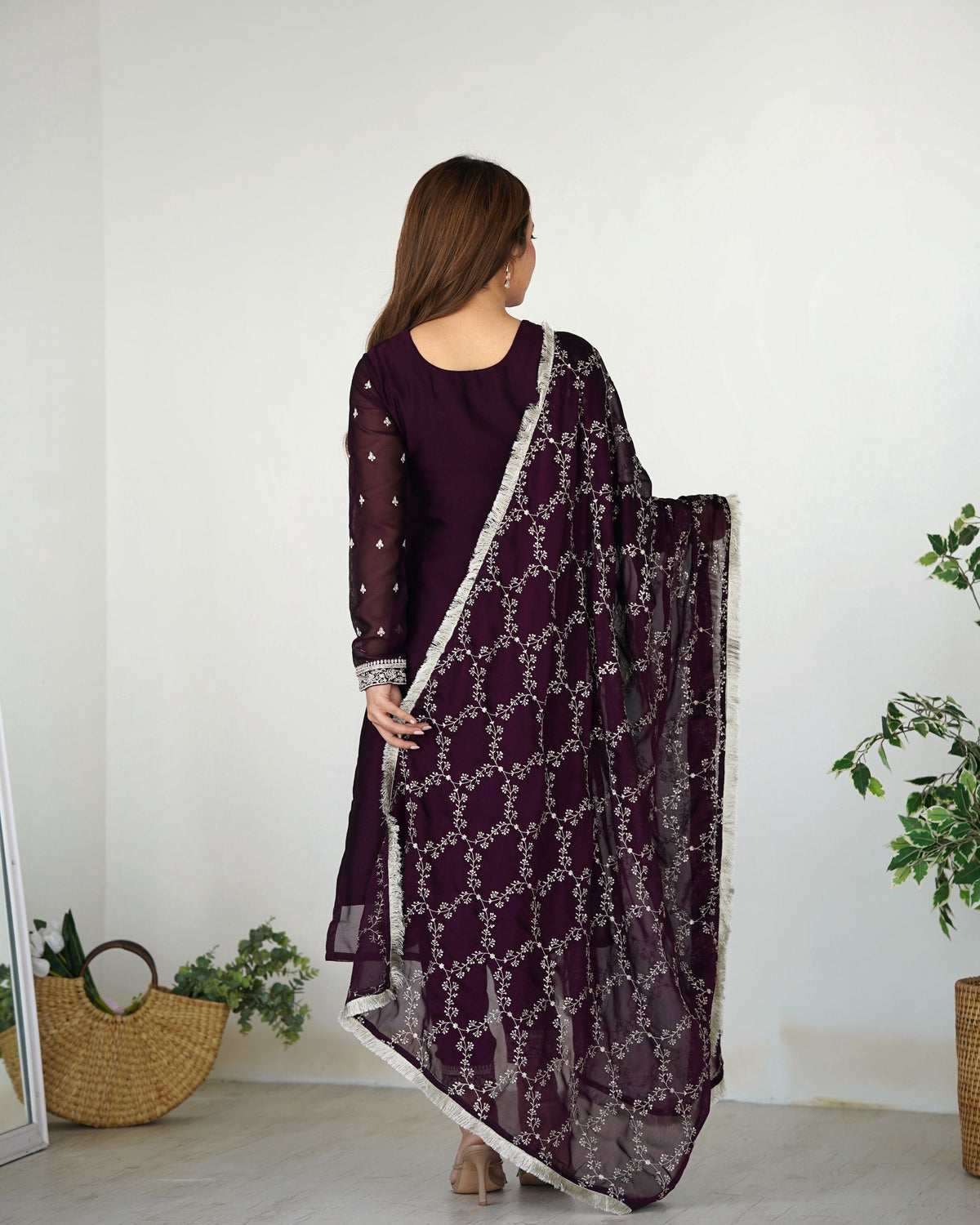 Teeya Creation Wine Color Pure Rangoli Silk Heavy Embroidery Work Kurta Set | Grocsy
