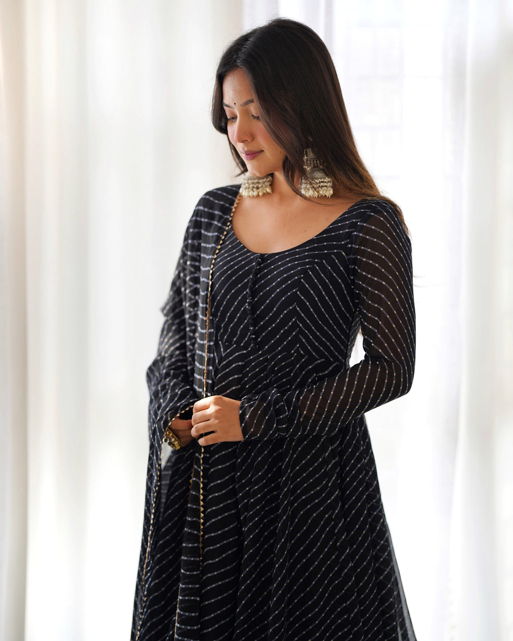 Teeya Creation Black Abstract Leheriya Print Faux Georgette Anarkali Gown With Pants And Dupatta | Grocsy