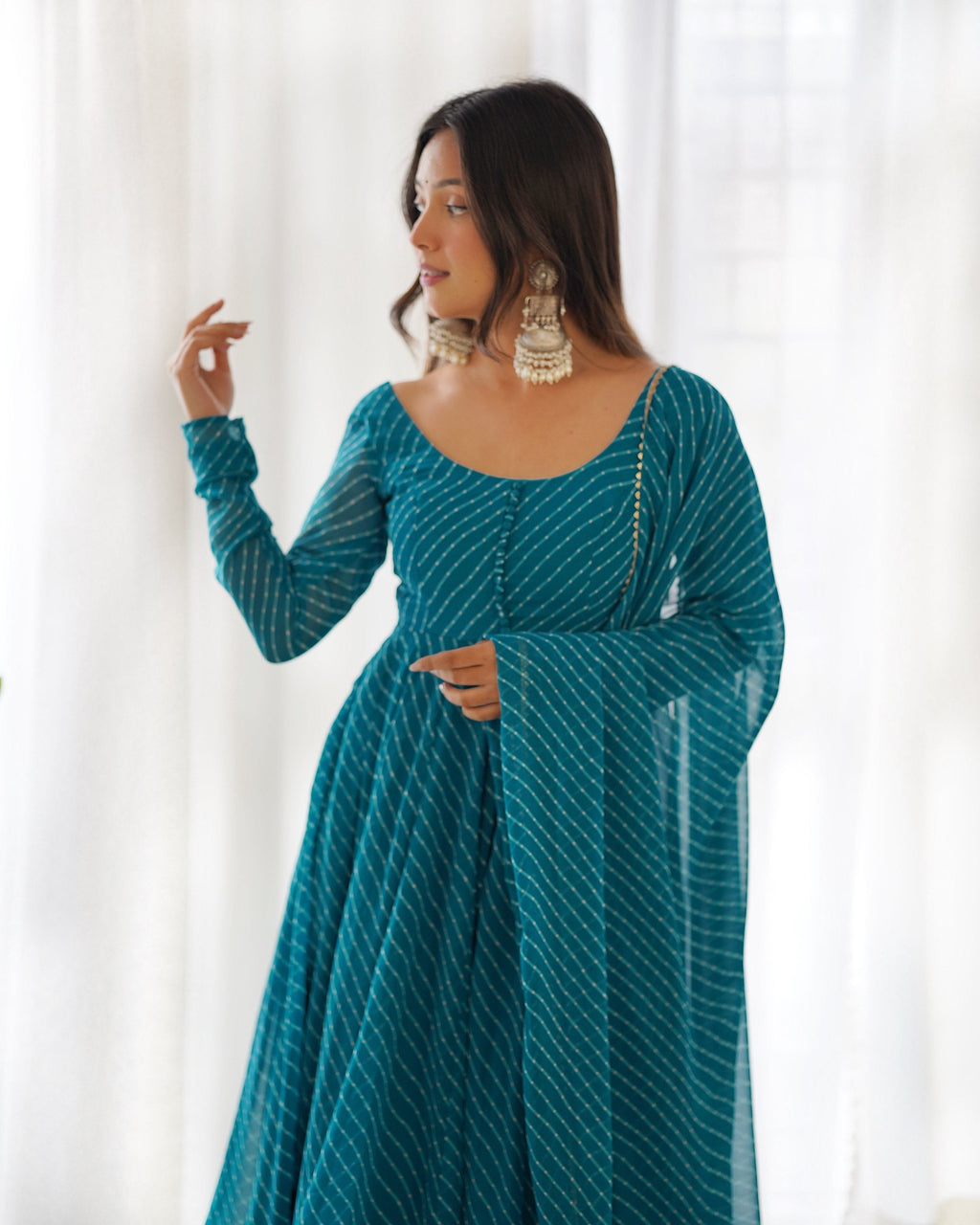 Teeya Creation Green Abstract Leheriya Print Faux Georgette Anarkali Gown With Pants And Dupatta | Grocsy
